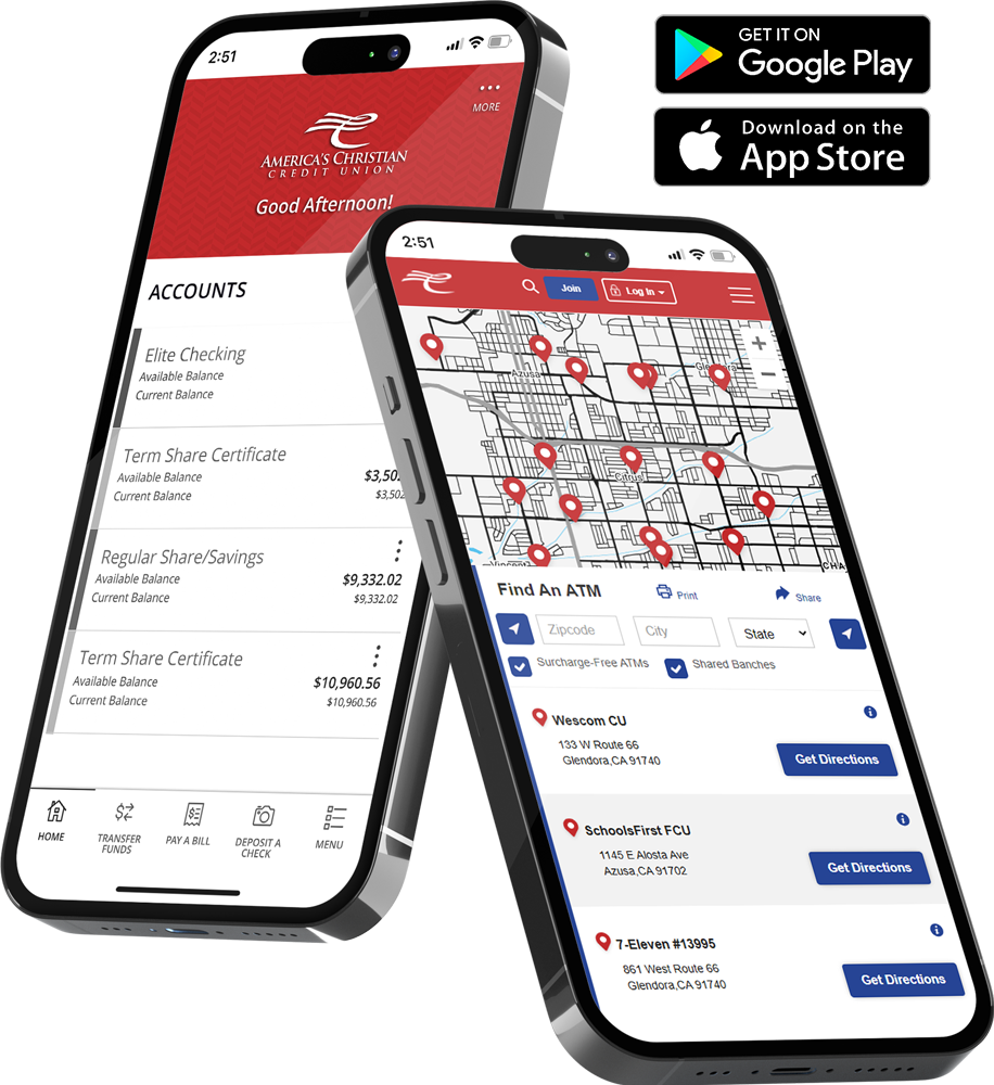 Convenient and nationwide mobile banking with America's Christian Credit Union available on the Apple App Store and Google Play for Android